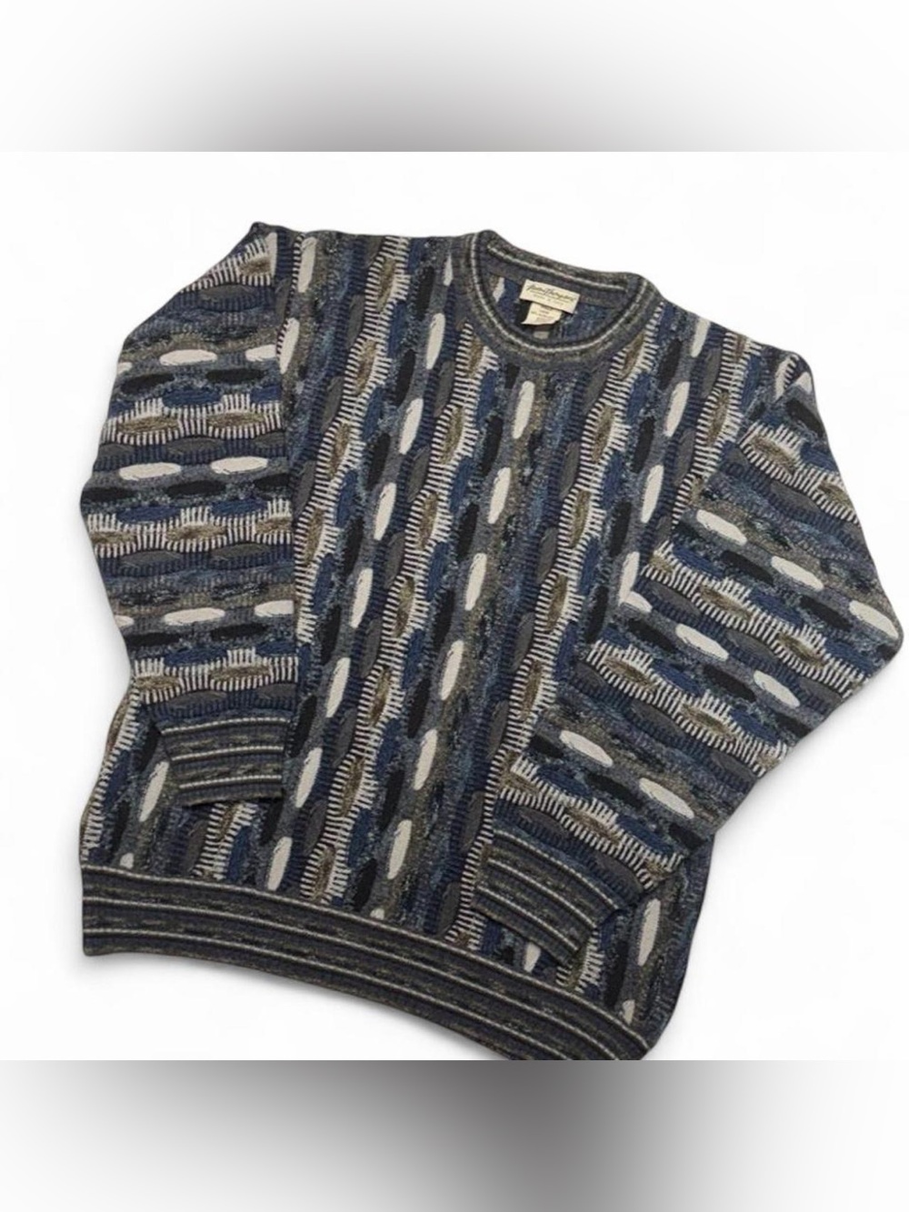 Norm Thompson L Vintage 3D Texture Blue Patterned Crewneck Sweater Grandpa Coogi